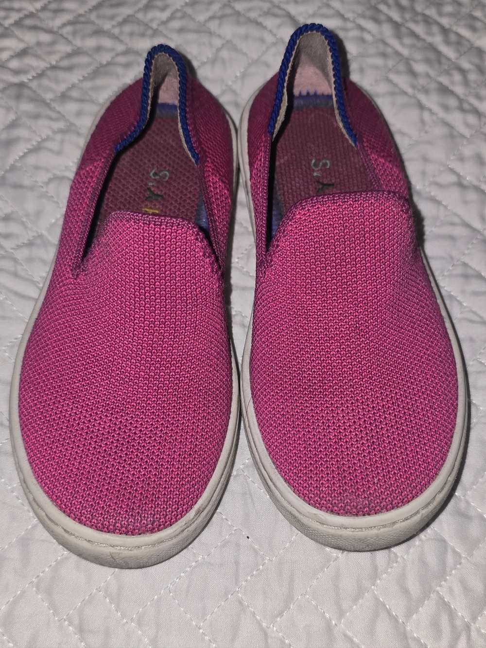 Rothy's Kids Pink Slip-On Knit Sneakers with Blue Heel Trim